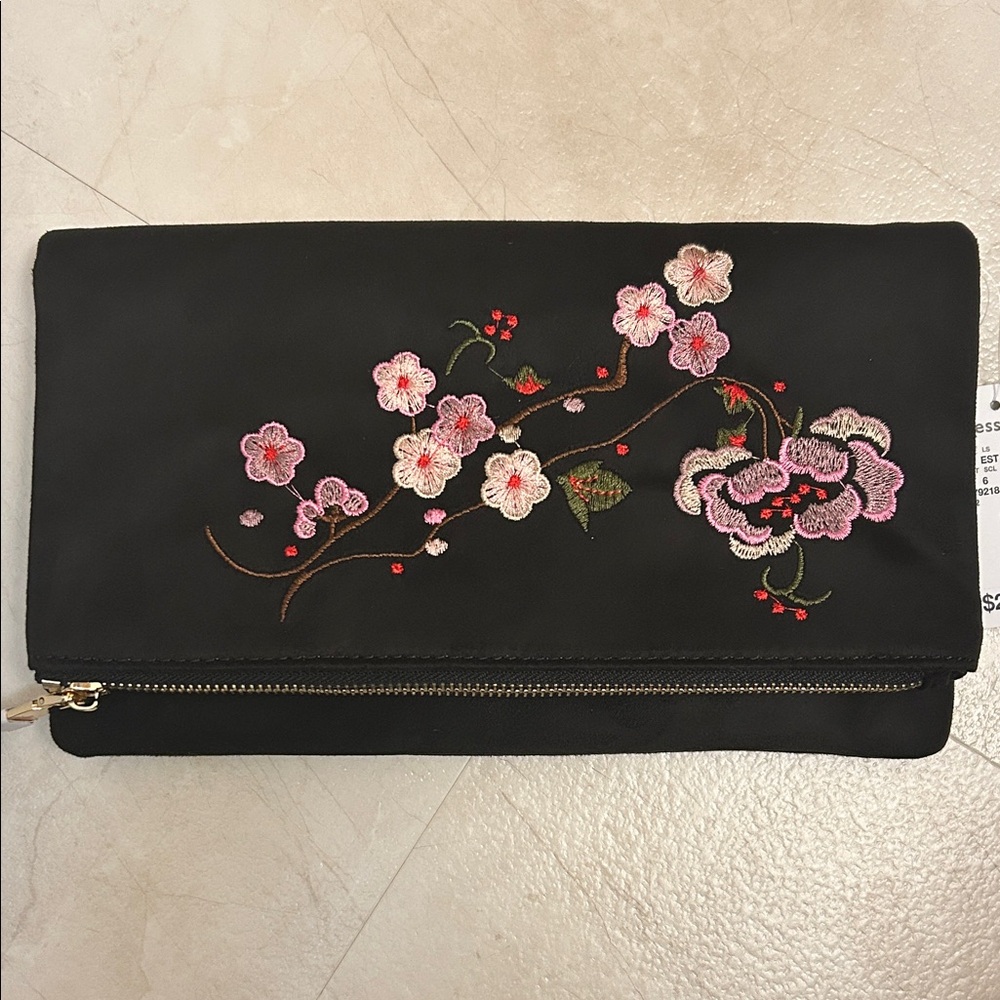 Dressbarn Black Clutch with Pink Floral Embroidery
